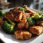 Close-up of glazed chicken and bright green broccoli florets, a perfect serving of chicken and broccoli.