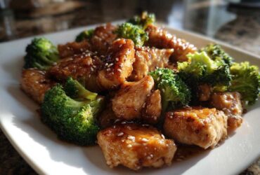 Close-up of glazed chicken and bright green broccoli florets, a perfect serving of chicken and broccoli.