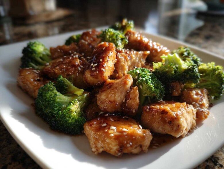 Close-up of glazed chicken and bright green broccoli florets, a perfect serving of chicken and broccoli.
