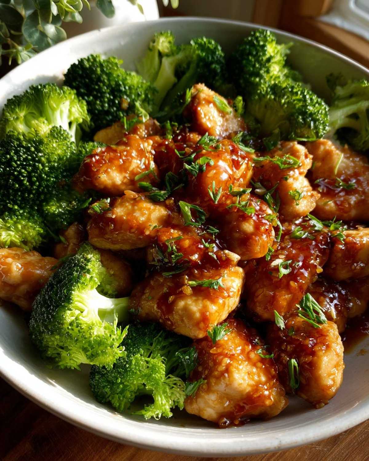 Close-up of bite-sized chicken pieces coated in a glossy sauce served with bright green steamed broccoli, a perfect chicken and broccoli meal.