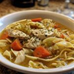 A close-up view of a white bowl filled with rich broth, egg noodles, chunks of chicken, carrots, and celery in amazing chicken noodle soup.
