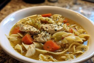 A close-up view of a white bowl filled with rich broth, egg noodles, chunks of chicken, carrots, and celery in amazing chicken noodle soup.