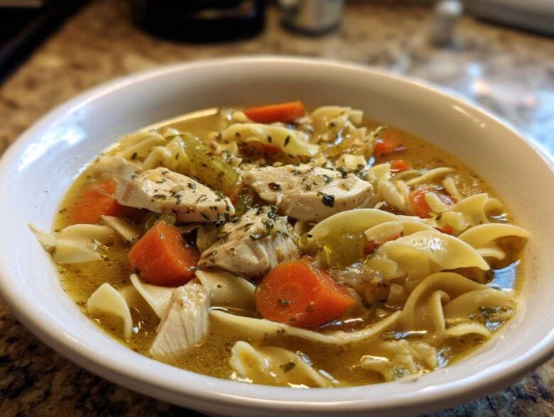 A close-up view of a white bowl filled with rich broth, egg noodles, chunks of chicken, carrots, and celery in amazing chicken noodle soup.