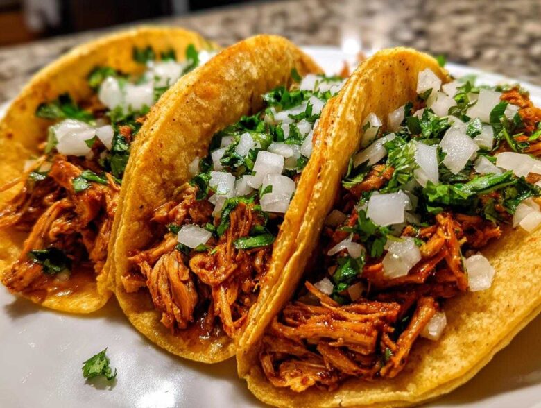 Close-up of three street-style chicken tacos filled with shredded meat, topped with diced white onion and fresh cilantro.