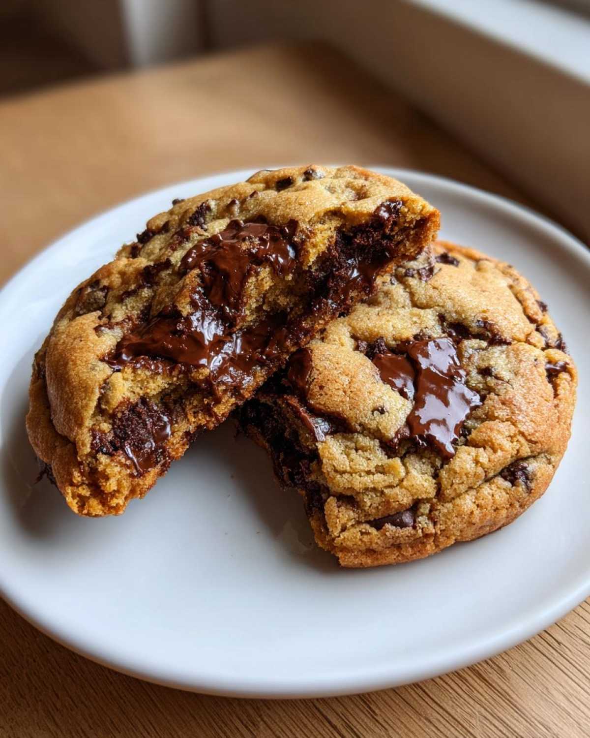 A freshly baked chocolate chip cookie broken in half showing a molten, gooey chocolate center.
