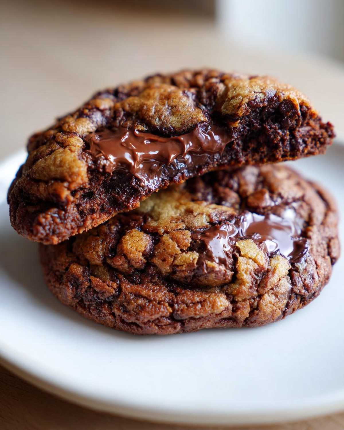 Close-up of two stacked chocolate chip cookies, one broken open revealing a melted, gooey chocolate center.