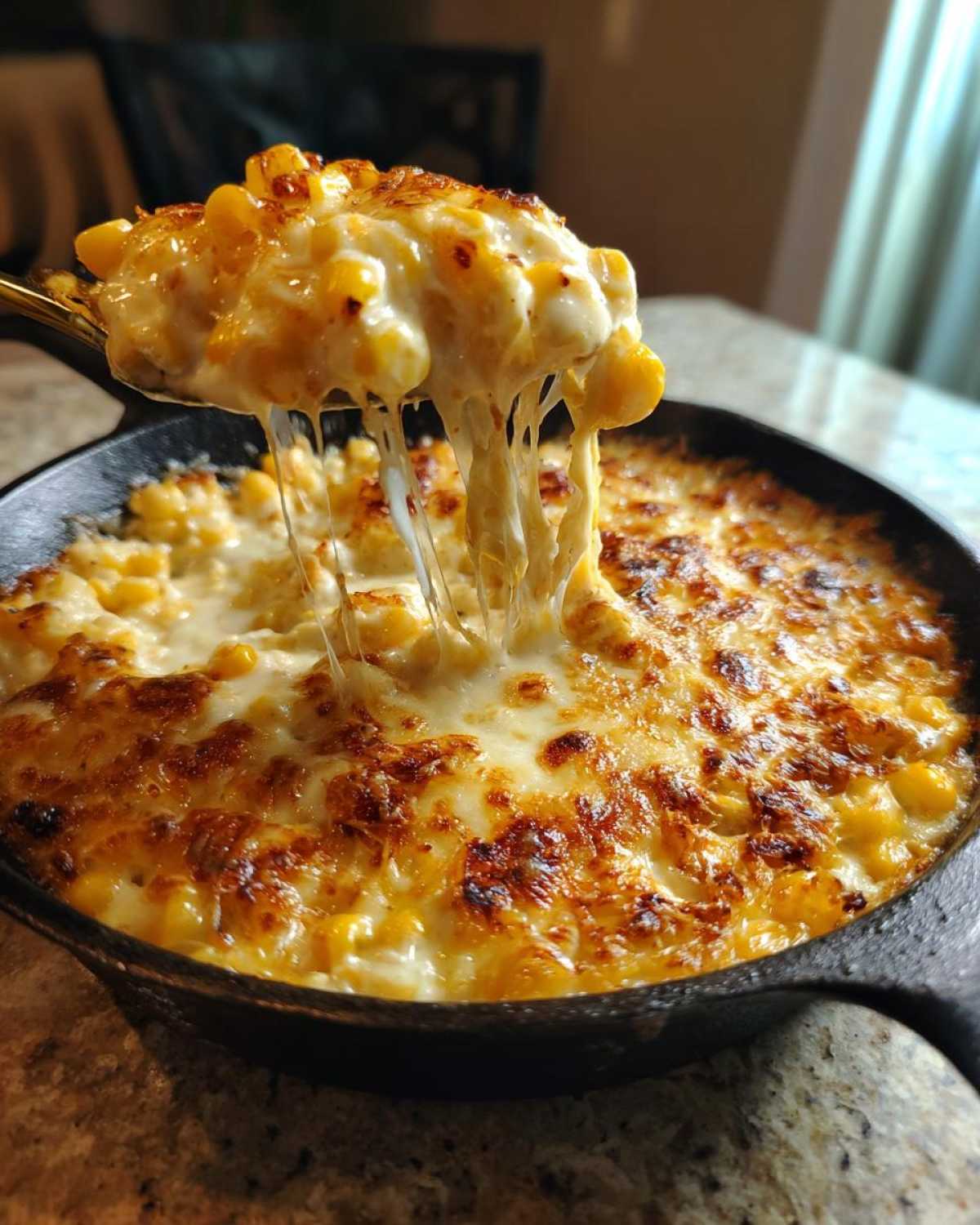 Close-up of a spoonful lifting creamy corn dip with cream cheese, showing long, melted cheese strings.