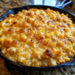 Close-up of hot, bubbly corn dip with cream cheese baked to a golden brown in a cast iron skillet.