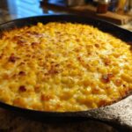 Close-up of hot corn dip with cream cheese, baked until golden brown in a black cast iron skillet.