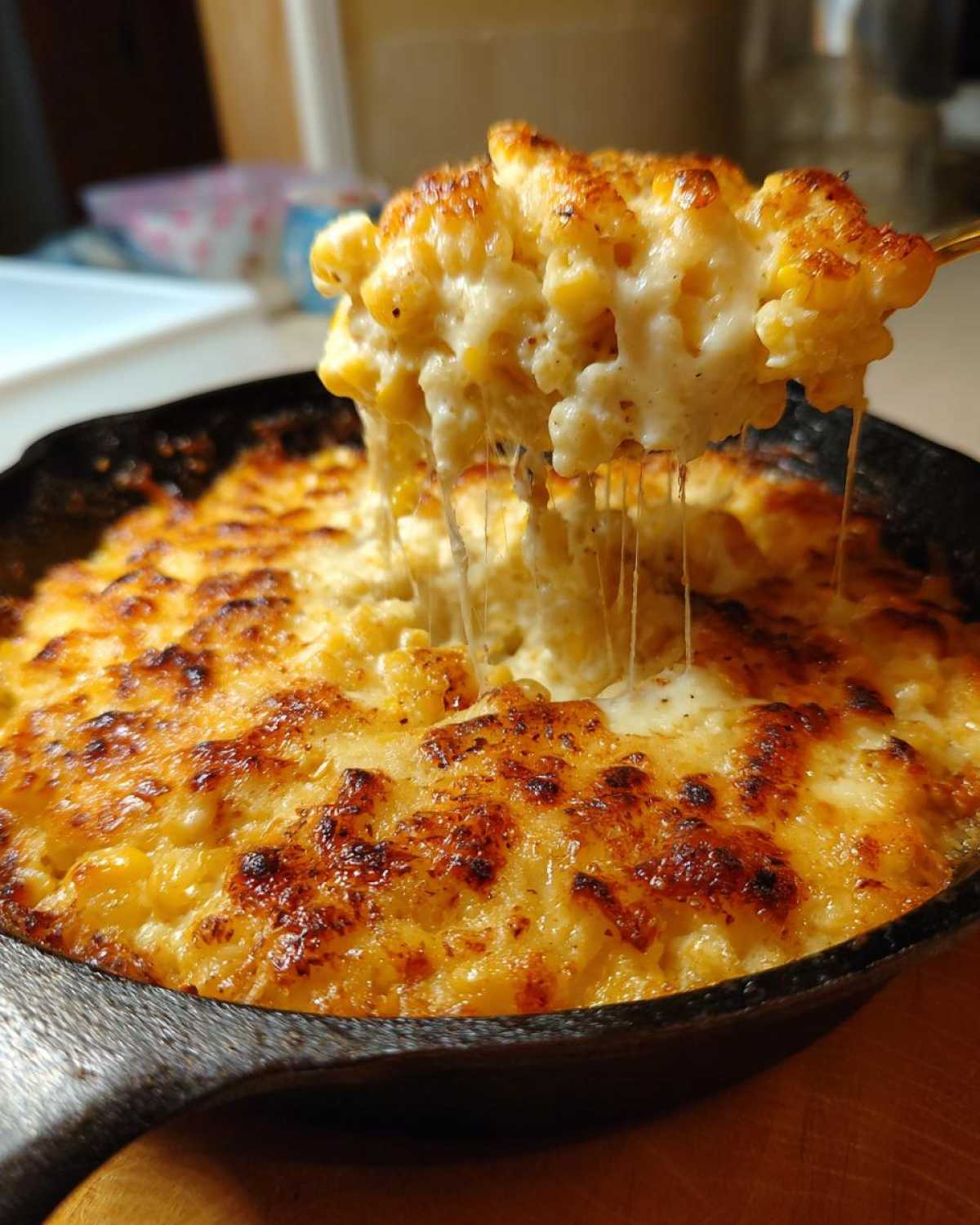 A spoonful of hot, cheesy corn dip with cream cheese being lifted from a cast iron skillet, showing long cheese pulls.