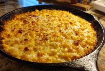 Close-up of hot corn dip with cream cheese, baked until golden brown in a black cast iron skillet.