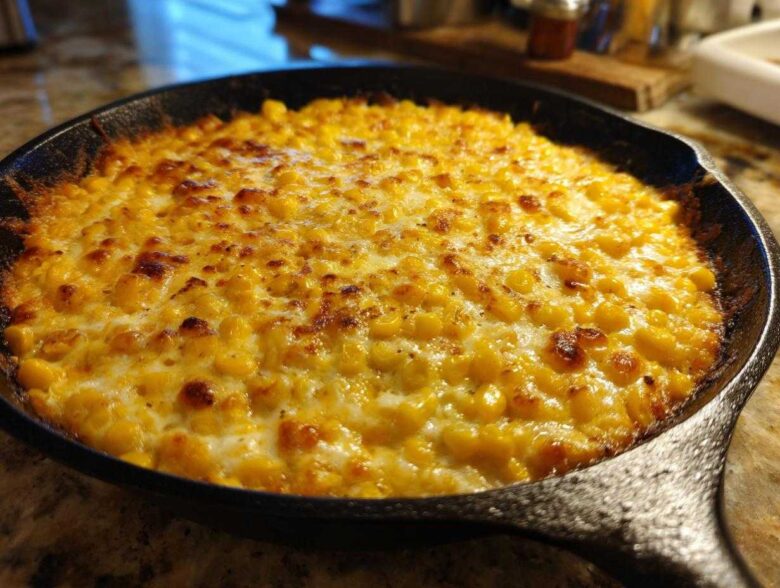 Close-up of hot corn dip with cream cheese, baked until golden brown in a black cast iron skillet.