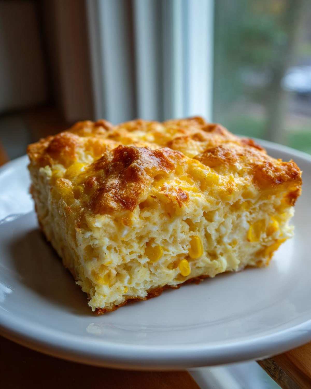 A square slice of moist cornbread casserole studded with corn kernels, served on a white plate.