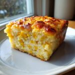 A close-up, sunlit square slice of moist cornbread casserole studded with whole sweet corn kernels.