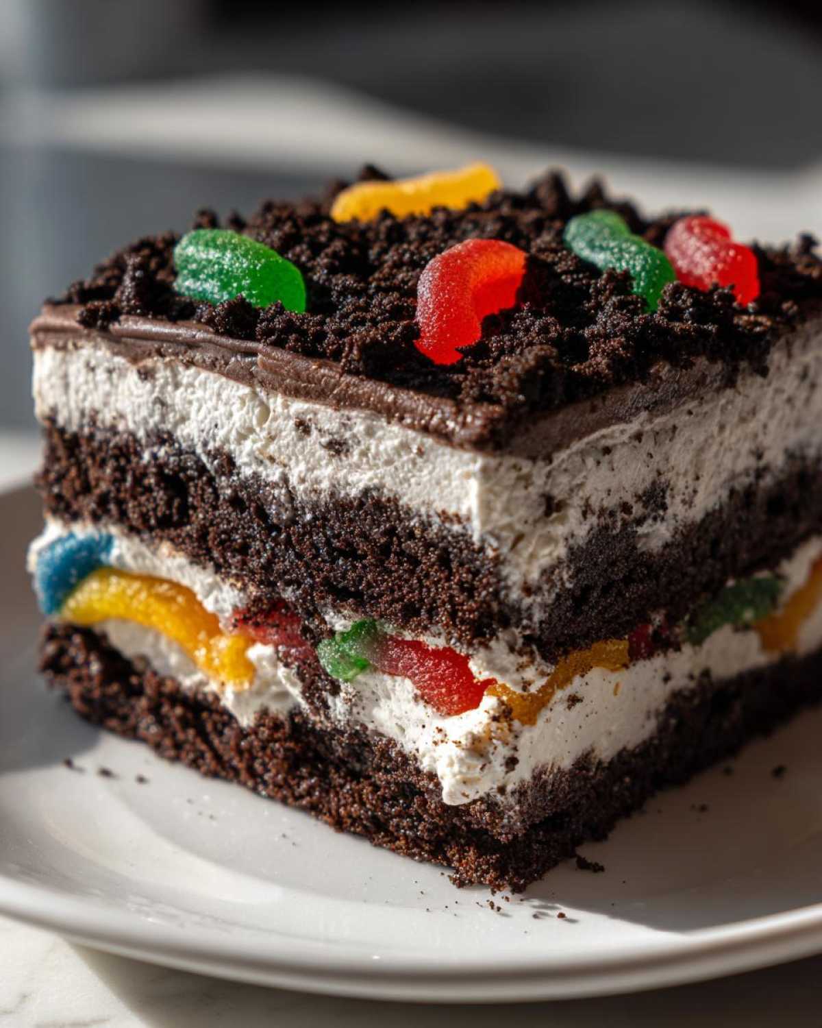 A square slice of layered dirt cake featuring chocolate cake, cream filling, and gummy worms peeking out.