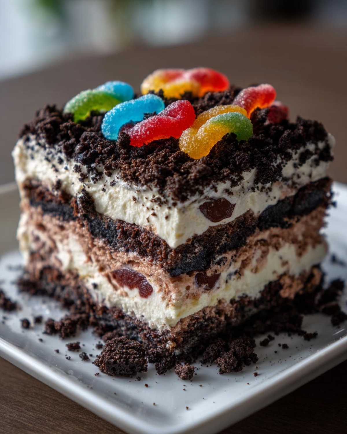 A decadent slice of dirt cake layered with cream and chocolate crumbs, topped with colorful gummy worms.