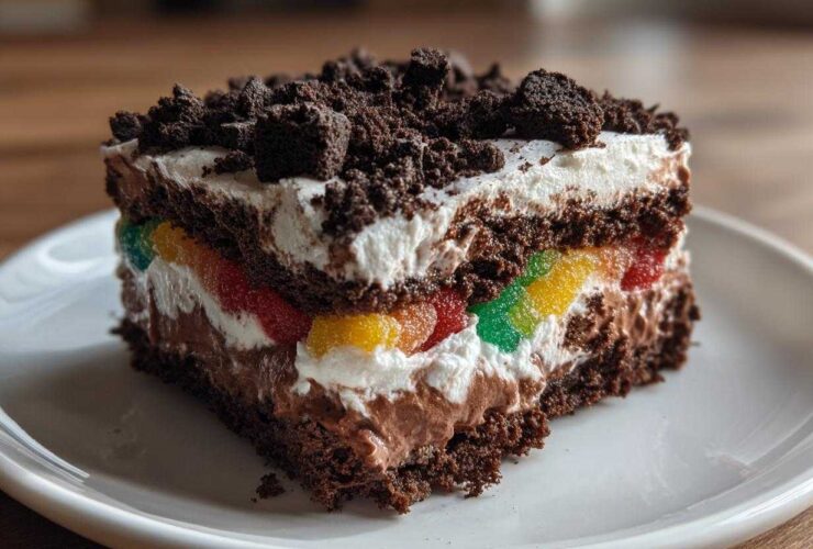 A decadent slice of dirt cake featuring chocolate layers, creamy filling, and a colorful layer of gummy candies.