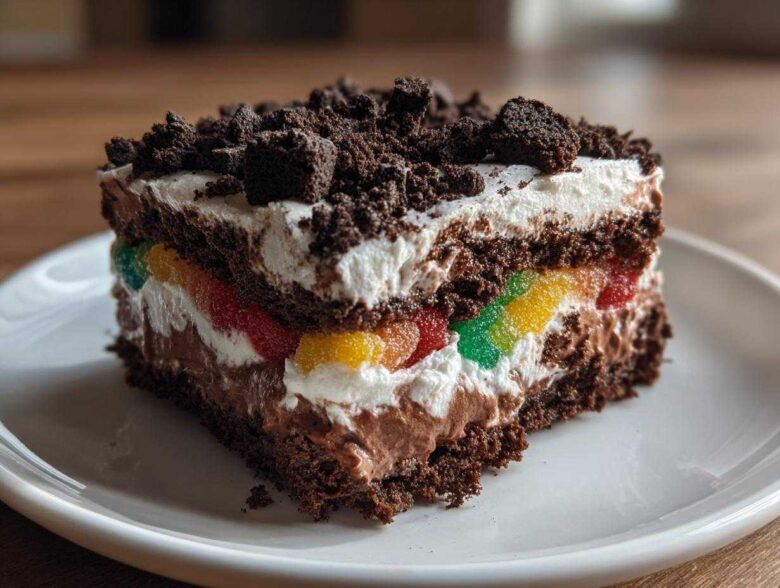 A decadent slice of dirt cake featuring chocolate layers, creamy filling, and a colorful layer of gummy candies.
