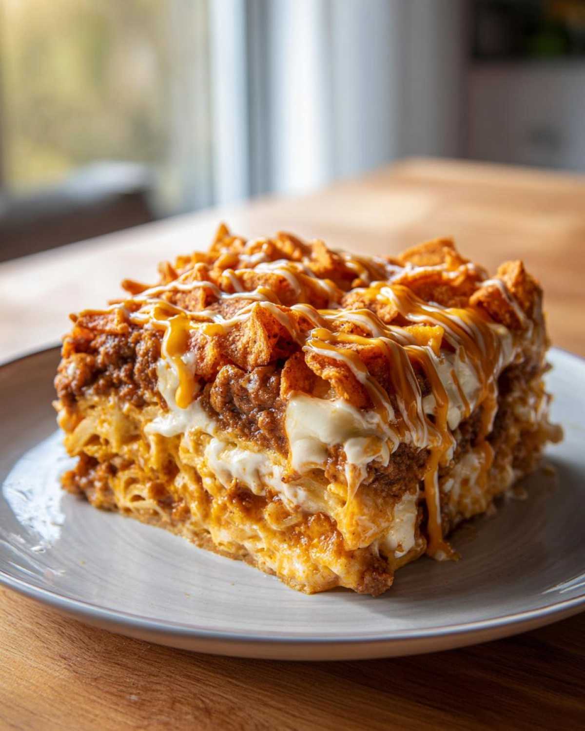 A generous square slice of Dorito Casserole layered with meat, cheese, and topped with crushed chips and sauce drizzle.