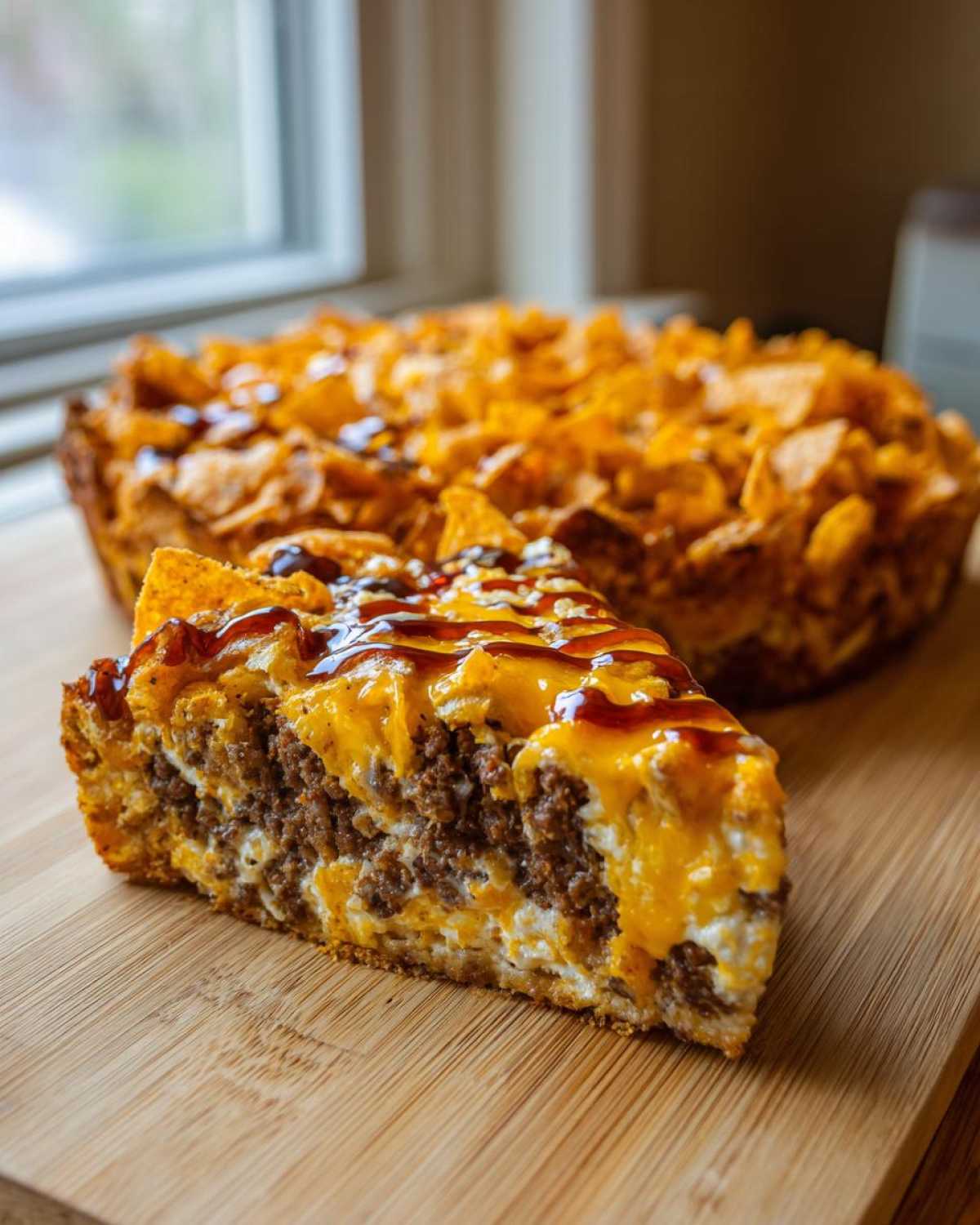 A thick slice of Dorito Casserole showing layers of ground meat, cheese, and a crunchy Dorito topping.