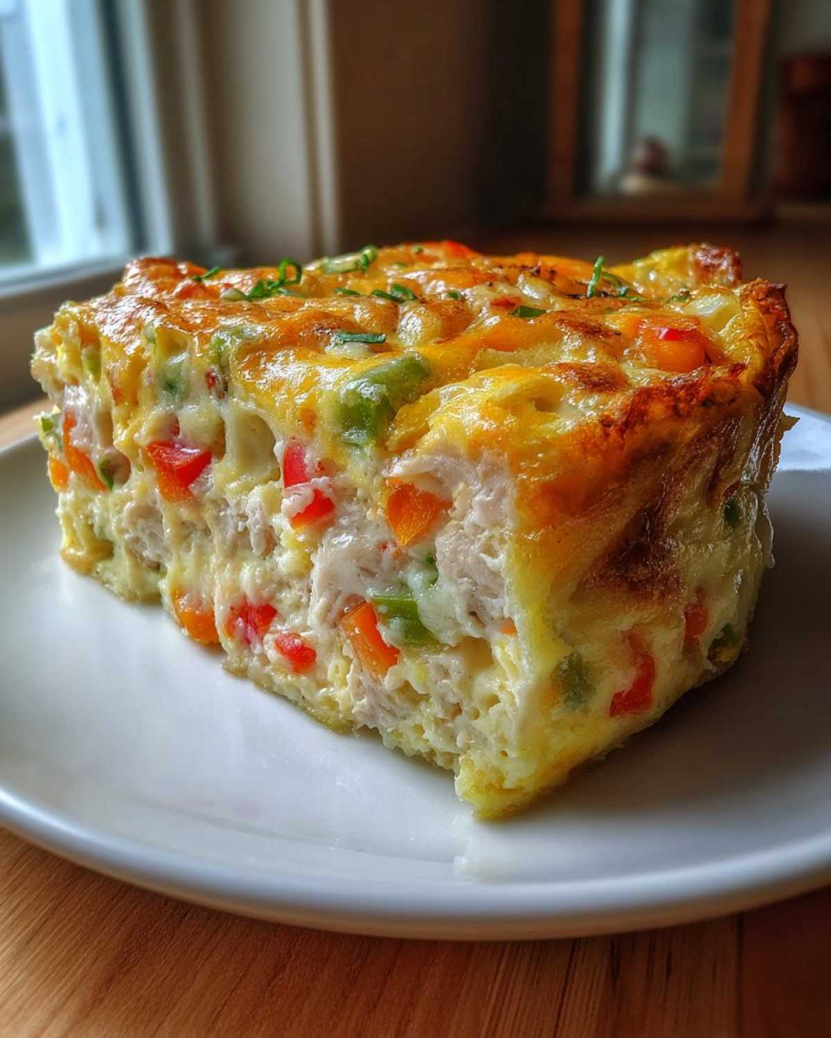 A thick slice of savory egg bake filled with chicken and colorful bell peppers, served on a white plate.