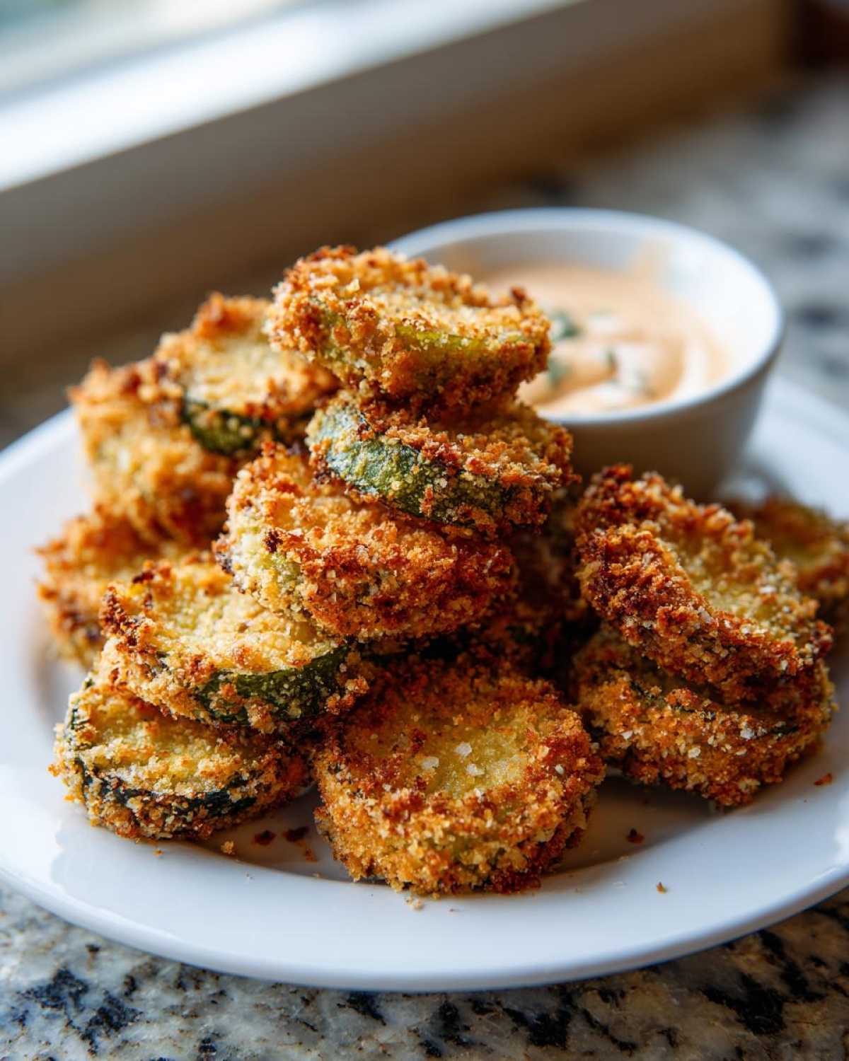 A close-up of a stack of golden brown, crispy Fried Pickles served on a white plate with a side of dipping sauce.