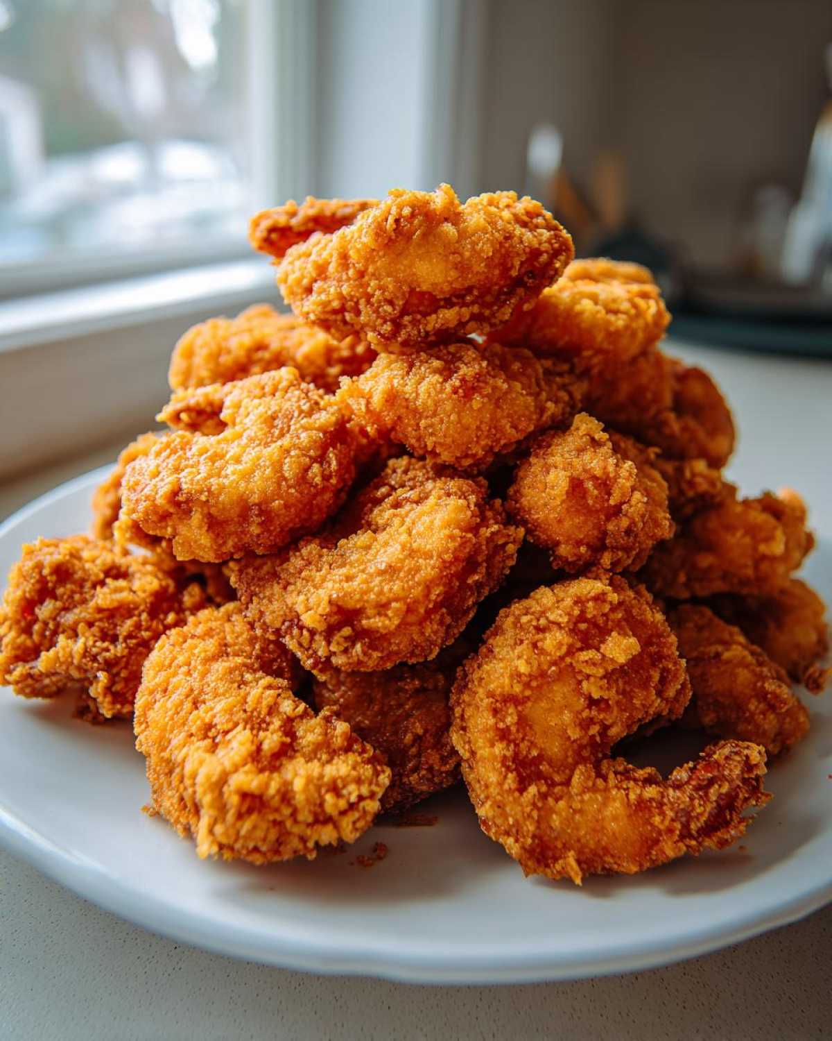 A large pile of golden brown, crispy fried shrimp stacked high on a white plate.