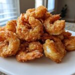 A generous pile of golden brown, crispy fried shrimp with tails on, ready to eat.