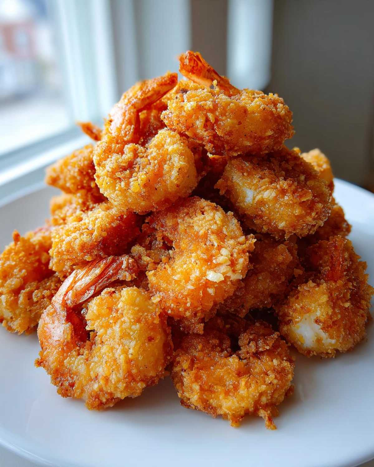 A tall pile of golden brown, crispy fried shrimp served on a white plate.