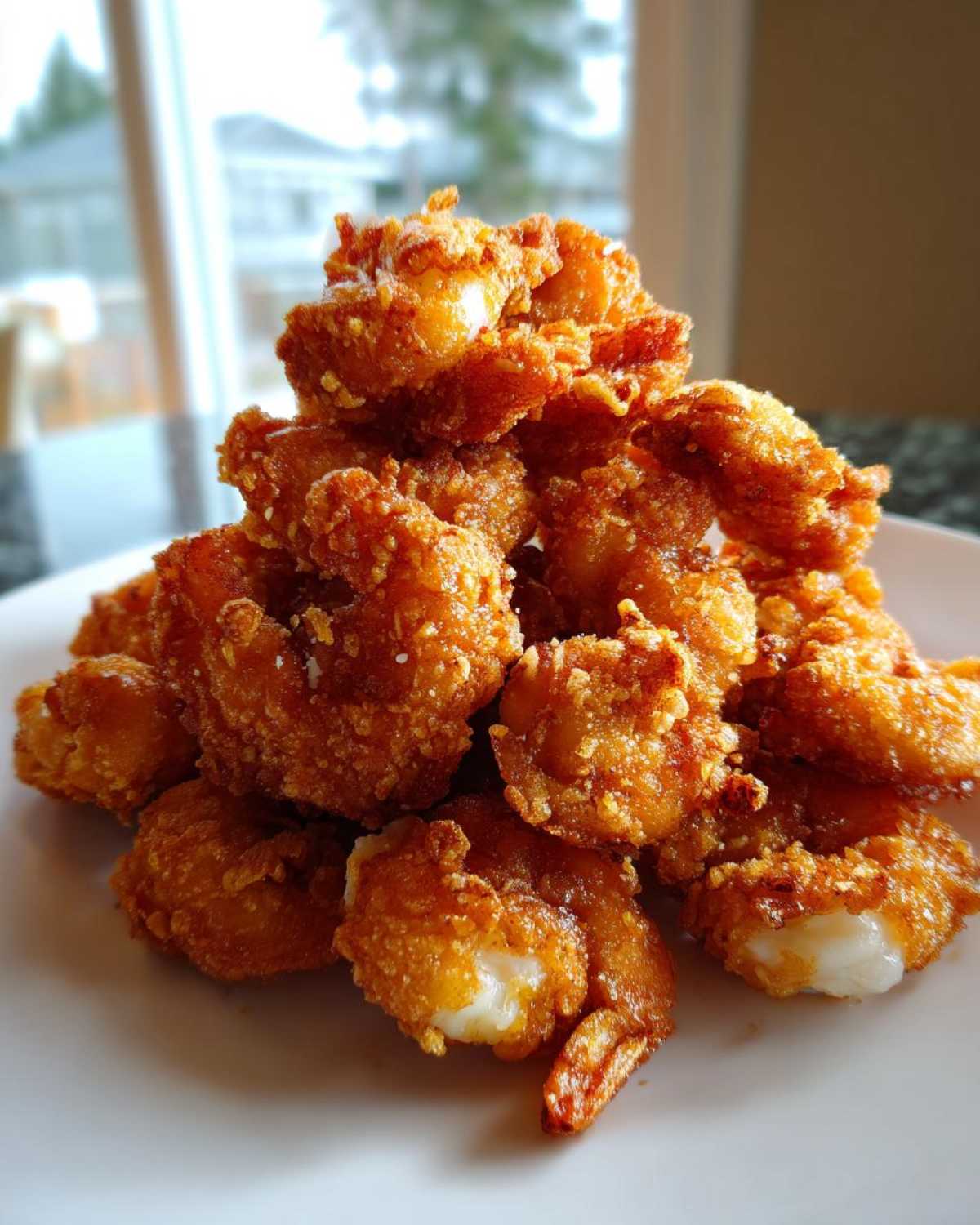 A tall pile of golden brown, crispy fried shrimp stacked on a white plate, showing the white interior of one piece.