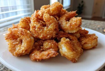 A generous pile of golden brown, crispy fried shrimp with tails on, ready to eat.