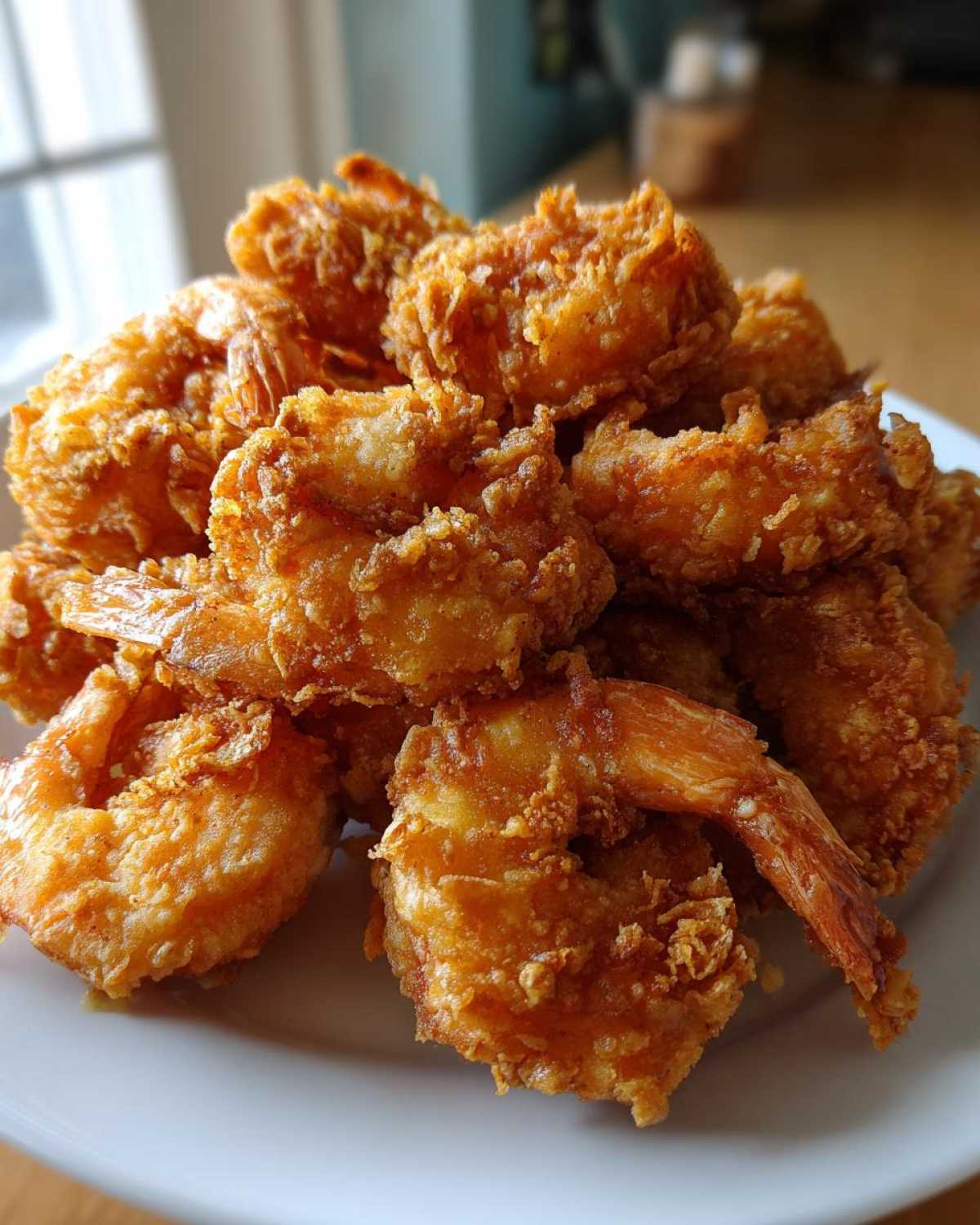 A close-up shot of a generous pile of golden brown, crispy fried shrimp on a white plate.