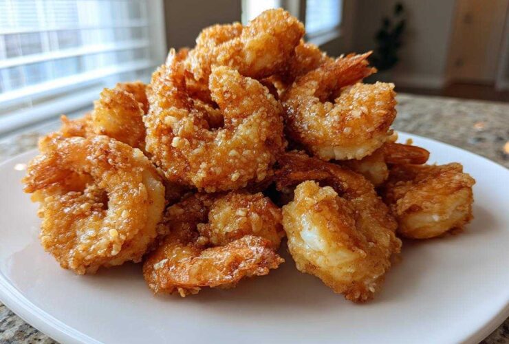 A generous pile of golden brown, crispy fried shrimp with tails on, ready to eat.
