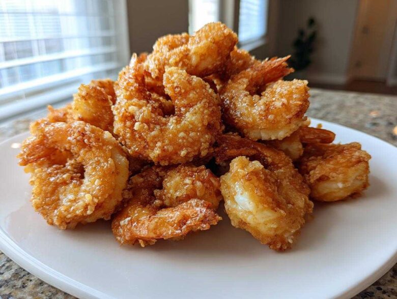 A generous pile of golden brown, crispy fried shrimp with tails on, ready to eat.