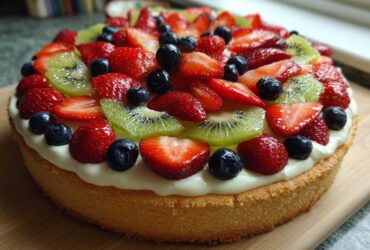 Close-up of a fruit pizza sugar cookie base topped with white frosting, sliced strawberries, kiwi, and blueberries.