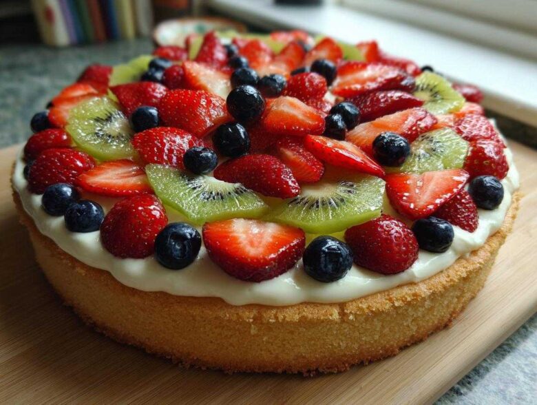 Close-up of a fruit pizza sugar cookie base topped with white frosting, sliced strawberries, kiwi, and blueberries.