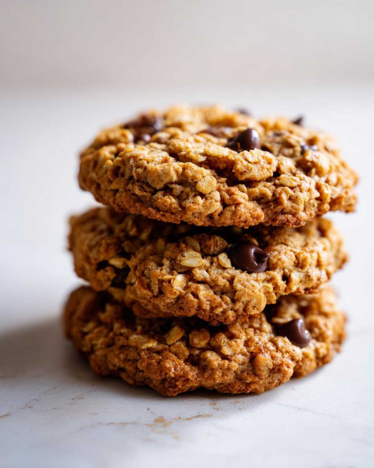 A close-up stack of three chewy chocolate chip oatmeal cookie treats.