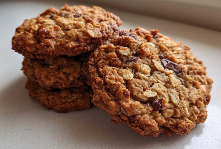 Close-up of a stack of freshly baked, chewy oatmeal cookie treats featuring visible oats and chocolate chips.