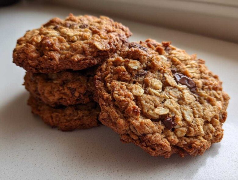 Close-up of a stack of freshly baked, chewy oatmeal cookie treats featuring visible oats and chocolate chips.
