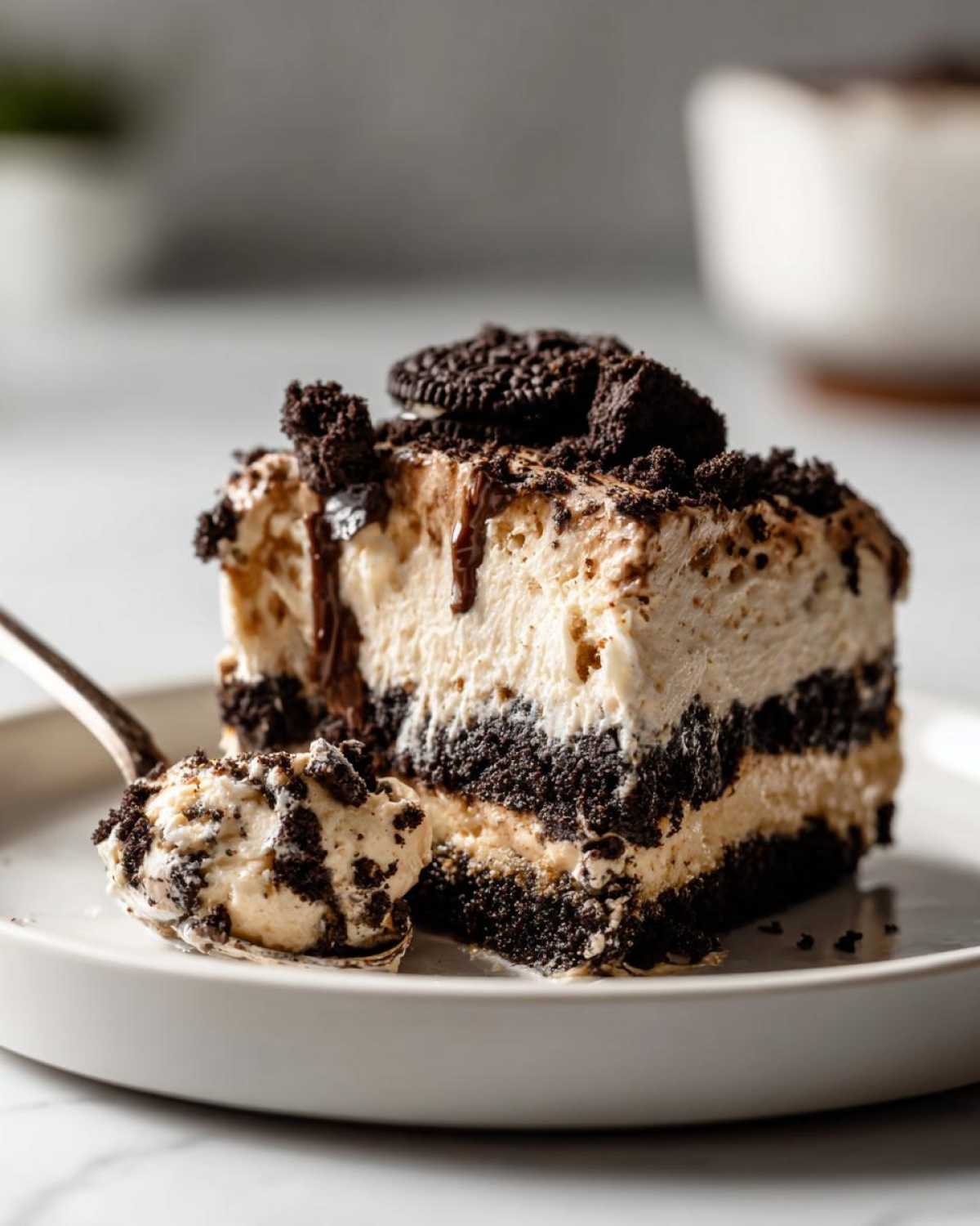 A close-up of a layered slice of oreo dirt cake with a spoonful being lifted away.
