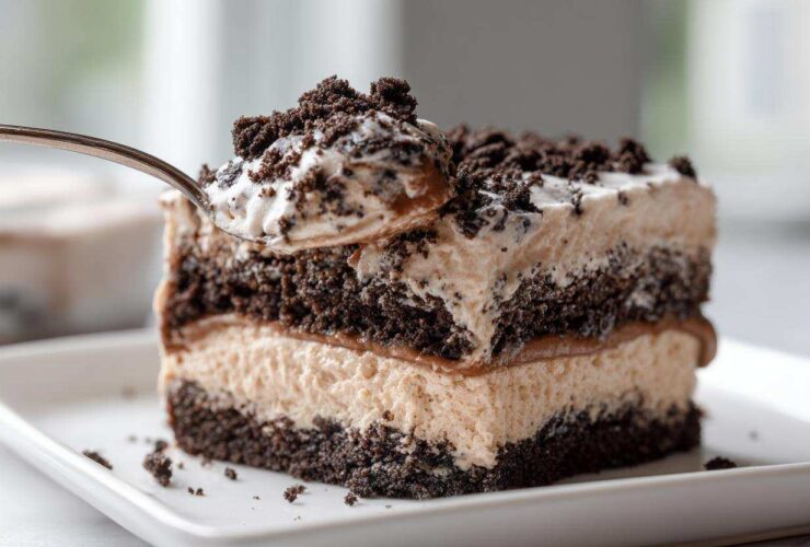 A spoonful of creamy Oreo dirt cake being lifted from a layered slice on a white plate.
