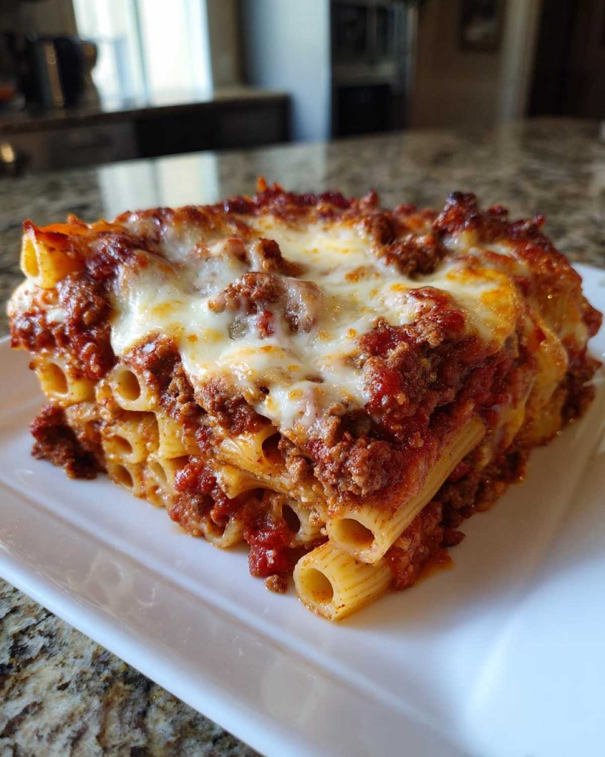 A hearty square serving of baked ziti style pasta bake layered with rich meat sauce and melted cheese.
