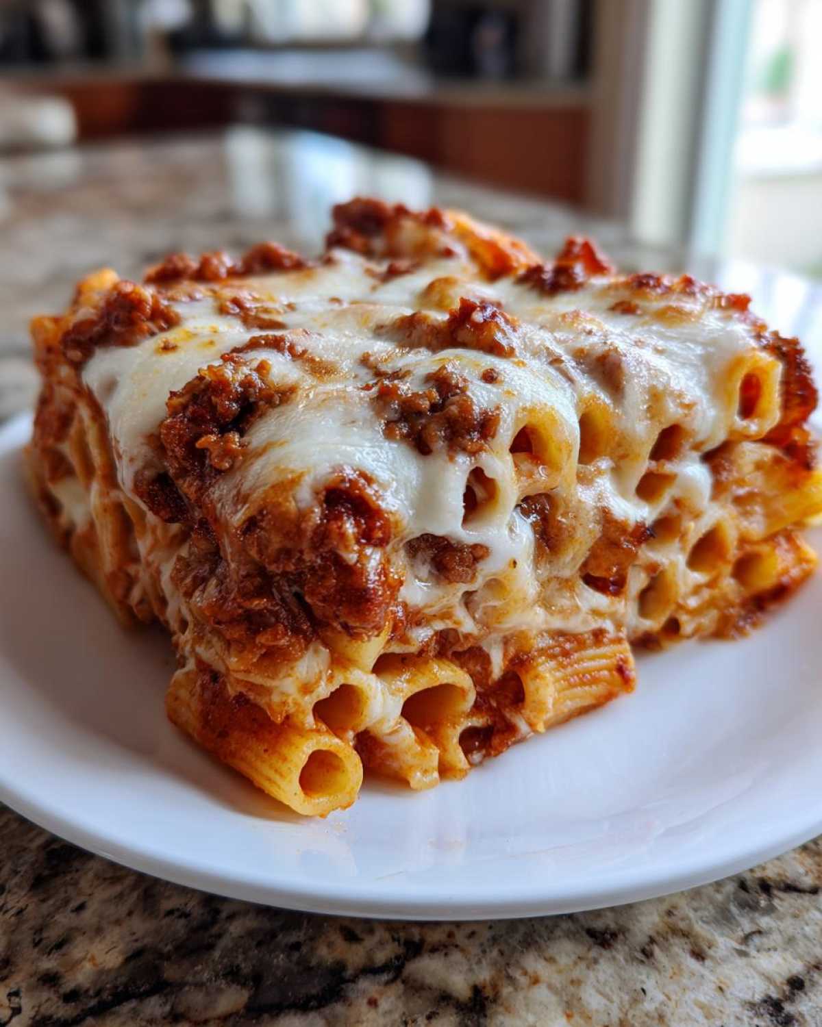 A hearty square serving of baked ziti pasta bake topped with melted mozzarella and rich meat sauce.