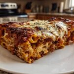 Close-up of a hearty slice of baked ziti style pasta bake with melted cheese topping.
