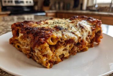 Close-up of a hearty slice of baked ziti style pasta bake with melted cheese topping.