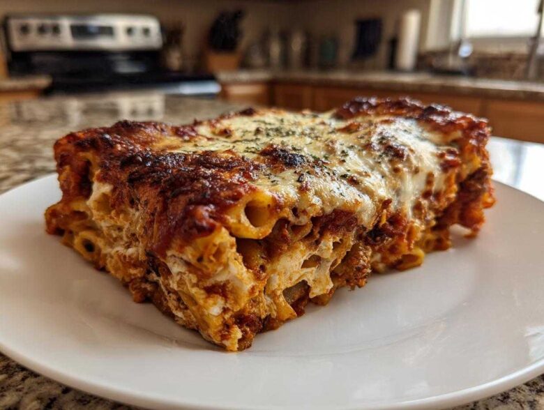 Close-up of a hearty slice of baked ziti style pasta bake with melted cheese topping.