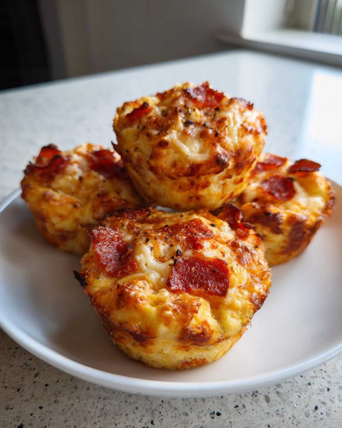Four freshly baked, golden brown pizza muffins topped with melted cheese and pepperoni slices.