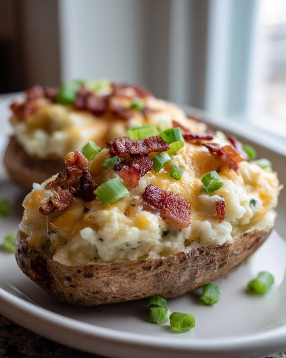 Close-up of a perfectly twice baked potato stuffed with mashed potato filling, melted cheddar cheese, bacon bits, and green onions.
