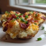 Close-up of delicious twice baked potato halves topped with melted cheddar cheese, bacon bits, and green onions.