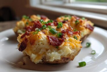 Close-up of delicious twice baked potato halves topped with melted cheddar cheese, bacon bits, and green onions.